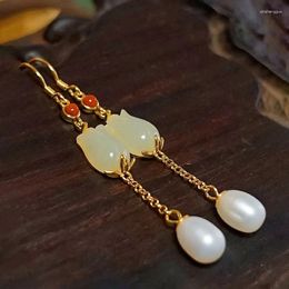 Dangle Earrings Natural An Jade Flowers Pearl For Women Retro Ancient Gold Craft Luxury Court Style Long Eardrop Hanfu Jewellery