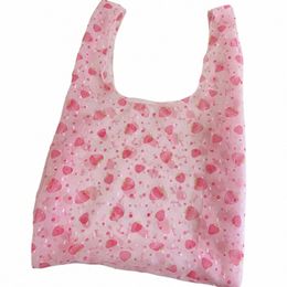 cute Plant Fruit Print Shop Bags for Women Pink Light Thin Mesh Student Handbag Summer Portable Reusable Tote Bags Bolsos 05s3#