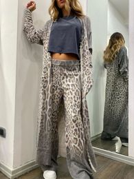Spring Womens Long sleeved Casual Style Polyester Material 2024 Fashion Leopard Pattern Cardigan Coat Pants Set 240326