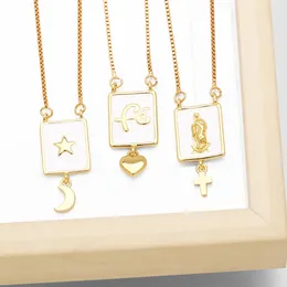 Pendant Necklaces FLOLA Enamel White Geometric Tag Moon Star For Women Gold Plated Virgin Mary Cross Simple Jewellery Nkeb836