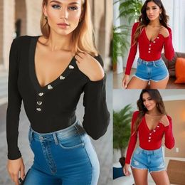 Women's T Shirts 2024 Arrival V-neck Button-up Tight T-shirt Black&Red Long Sleeve Ladies Clothes V Neck