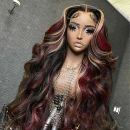 Red Blonde With Black Wavy Highlight Wig 13X4 Synthetic Lace Front Wigs For Women Pre Plucked Hairline With Baby Hair Fiber 180%