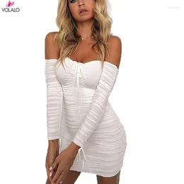Casual Dresses VOLALO 2024 Spring Summer Fashion Solid Party Sexy Slim Women Elegant Long Sleeve Ruched Club Dress Mini Tight Strapless