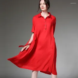 Party Dresses Women's Casual Loose Fashion Cotton Linen High Waist Turn Down Neck Elegant Short Sleeve Red Summer