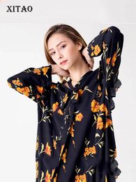 Casual Dresses XITAO Europe Fashion Women 2024 Spring Stand Collar Full Sleeve Loose Dress Female Print Bow Mid-calf ZLL1512