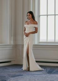 Simple Off The Shoulder Pleat Soft Satin Mermaid Wedding Dresses Side Slit Custom Made Formal Bridal Grown 2024 Rode De Morrie