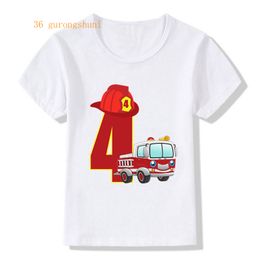 2021 kids Clothes Cool Firefighter Car Numbers 2 3 4 5 T-Shirt Children Boys Happy Birthday T Shirt White TShirt Baby Girls Tops