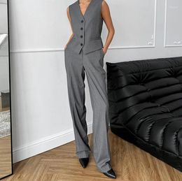 Women's Two Piece Pants Offiec Casual Sleeveless Vest Suit Women Elegant Simples Solid Loose 2Pc Set Sexy V-neck Single-breasted Top & Long