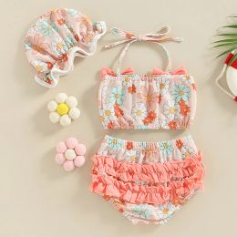 BeQeuewll 2023 Summer 0-2Y Baby Girls Three Piece Swimsuits Floral Print Halter Bikini Set Bathing Suit with Swim Cap
