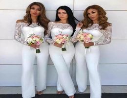 Western Country Jumpsuit Bridesmaid Dresses Lace Off Shoulder White Satin Long Sleeve Sheath Maid Of Honour Dresses Pants BC111655752929