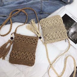 Drawstring Simple Woven Crossbody Bags Women Casual Handmade Summer Beach Vintage Square Ladies Knitted Solid Tassel Handbags