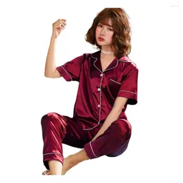 Home Clothing Women Turndown Collar Button Up Short Sleeve Blouse Pants Loungewear Pyjama Set For