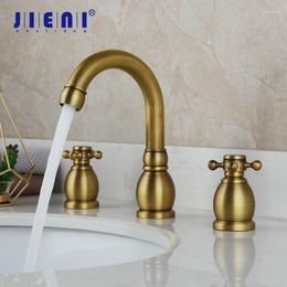 Bathroom Sink Faucets JIENI Antique Brass Bathtub Faucet 3 Pcs 2 Handles Swivel Basin Deck Mount Stream Mounted Mixer Tap