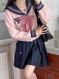 Work Dresses Spring/Autumn Japanese Sailor JK Uniform Set Women Girls Bow Cute Pink Long Sleeve Blouses Pleated Short Skirt Navy Costumes