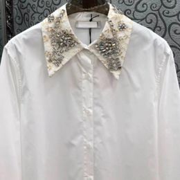 Women's Blouses Luxury Exquisite Diamonds Lace Embroidery Collar Long White Shirts For Women 2024 Spring Casual Sleeve Top Blusas