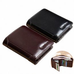 men's Wallets RFID Blocking Genuine Leather Trifold Busin Short Purse Wallet for Men with ID Window and Credit Card Holder n89E#