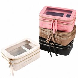 double Zipper Layer Saffiano Leather Makeup Organiser Toiletry Storage Bag Clear PVC Transparent Cosmetic Bag For Travel Q3RG#