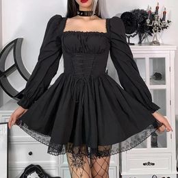 Casual Dresses Y2K Vintage Women Lolita Corset Dress Adults Tie-up Solid Colour Square Collar Puff Sleeve Lace Dating Party Holiday