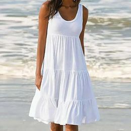Casual Dresses Summer Women Solid Colour Midi Dress O Neck 2024 Women's Swing Sleveeless Beach Woman Robe Femme