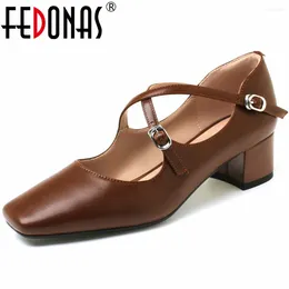 Dress Shoes FEDONAS Retro Style Women Pumps Cross-Tied Mary Janes Woman Spring Summer Genuine Leather Square Toe Casual Office Lady