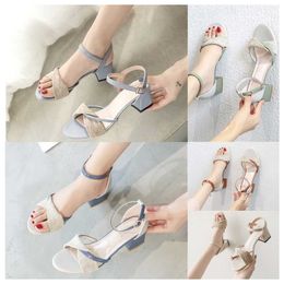 New top Luxury Thick heeled sandals for women Minimalist blue white green versatile in summer gentle in the middle heel Roman buckle strap high heels