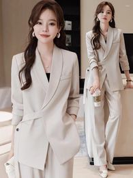 Women's Two Piece Pants Beige Solid Women Suits Office Sets 2024 Chic Turn Down Collar Button Lace Up Blazer Ladies Casual Pant