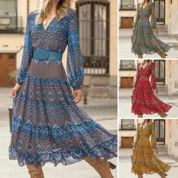 Casual Dresses Women Long Sleeve Midi Dress Bohemian Vintage Print A-line With Tight High Waist Sleeves For Fall Spring