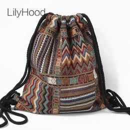 Backpacks 2024 Womens Fabric Backpack Womens Gypsy Bohemian Fashion Aztec Ivessa Tribal Villa Soft Brown Brushed BagL2405