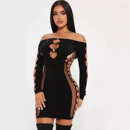 Casual Dresses Diamonds Hollow Out Knitted Bodycon Mini Dress Women Off Shoulder Long Sleeve High Stretch Slim Party Clubwear Mesh Vestidos