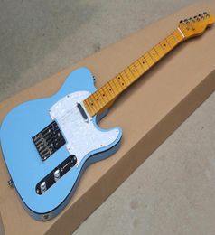 Factory Whole Blue Electric Guitar with White Pearled PickguardYellow Maple NeckBlack BindingCan be Customised as request6550112