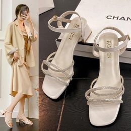 Sandals 2024 Summer Women Open Toe High Heels Shoes Heel Clear Crystal Square Mid-heel Korean Fashion Feast