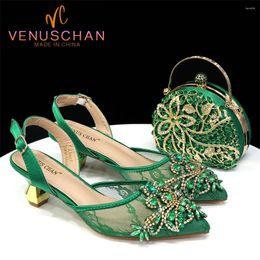 Dress Shoes Chan Nigerian Elegant Lace Net Style Green Crystal Low Heel And Three-Dimensional Mini Bag Commuter Women's