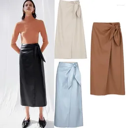 Skirts Women's Leather Skirt Faux A-Line Commuting Style Retro One-piece Belt Wrap Versatile Street 2024