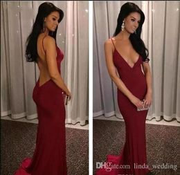 2019 Cheap Simple Burgundy Long Mermaid Prom Dress V Neck Open Back Formal Holidays Wear Graduation Evening Party Gown Custom Made7501885