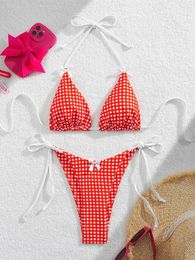 Women's Swimwear Push Up Bikini Set Women Sexy Red Plaid Print Summer Micro Swimsuit 2024 Brazilian Cut Out Beach Bathing Suit Thong