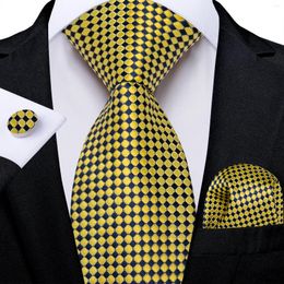 Bow Ties 2024 Luxury Yellow Black Plaid Dot Silk For Men 8cm Wedding Party Groom Accessories Necktie Handkerchief Cufflinks Gift