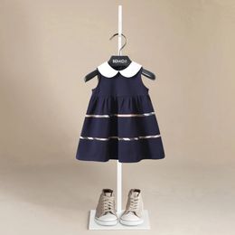 Summer Casual Fashion Turndown Collar Baby Girls Dresses Kids Sleeveless Plaid British Style A-line Princess Dresses for Girls 240511