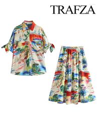 Work Dresses TRAFZA Women 2 Piece Set Elegant Print Single-Breasted Pockets Lapel Casual Shirt Top Zipper Pocket Slim Beach Pleated Skirt