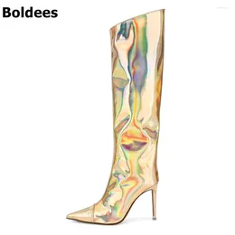 Boots Mirror Design Patent Leather Metallic Knee High Women Long Boot Thin Heel Pointed Toe Zipper Plus Size 45