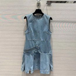 Casual Dresses Fashion Preppy Style Light Blue Denim Dress Women O-neck Sleeveless Pleated Patchwork Sweet