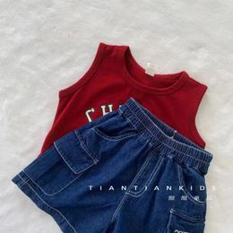 Clothing Sets Boys Set Summer 2024 Girl Baby Thin Breathable Sleeveless Tank Top Workwear Denim Shorts Kids Outfits