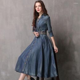 Party Dresses Vintage Belts Embroidery Denim Dress Spring Women Sexy V-Neck Half Sleeve High Waist Jeans Lady Casual Wiggle Midi