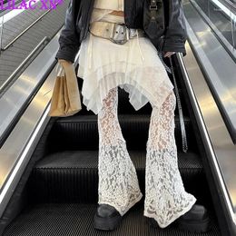 Women's Pants Y2K Sexy Floral Lace Mesh See Through Pantskirt Vintage Aesthetic White Skirt Flared Women Summer Fashion Streetwear