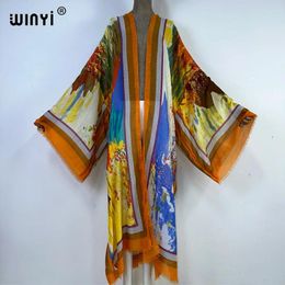 2024Summer Gild Print Cotton Feeling Women Cardigan Loose Long Dress Party Boho Maxi Holiday Beach Wear Swim Suit Cover Up