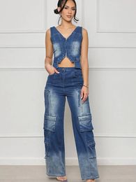 Women's Two Piece Pants 2024 Vintage Denim Sets For Women Y2K Summer Clothes Zipper Vest Crop Top And Loose Wide Leg With Pockets Jeans