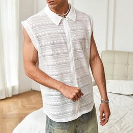 Men's Tank Tops 2024 Summer Sexy Hollow Out Mens Cardigan Vintage Lapel Zip-up Vest Shirts For Men Fashion Embroidery Transparent