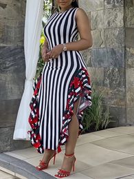 Plus Size Womens Casual Fashion Sleeveless Black and White Striped Fishtail Hem Dresses 240422