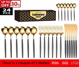 Dinnerware Sets 24Pcs Cutlery Set Stainless Knife Fork Spoon Flatware Steel Gold Colour Dishwasher Gift Box Kitchenware5057256