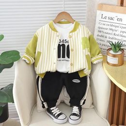 Clothing Sets Kids Baby Boy Boutique Clothes 2024 Spring Vertical Striped Cardigan Coats T-shirts Pants Toddler Boys Outfits Childrens Set