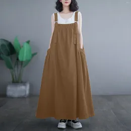 Casual Dresses Women Collocation Long Dress Summer Sleeveless Korean Baggy Pocket Suspender For T-Shirt Fashiion Sweet Streetwear